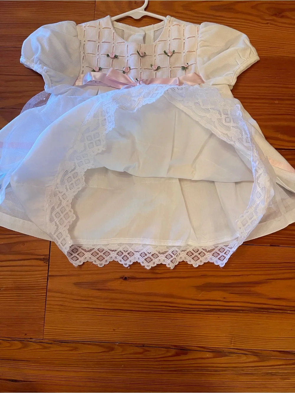 Bonnie Baby White Dress with Pink Ribbon Trim and Bonnet Girls Baby Size 24mo